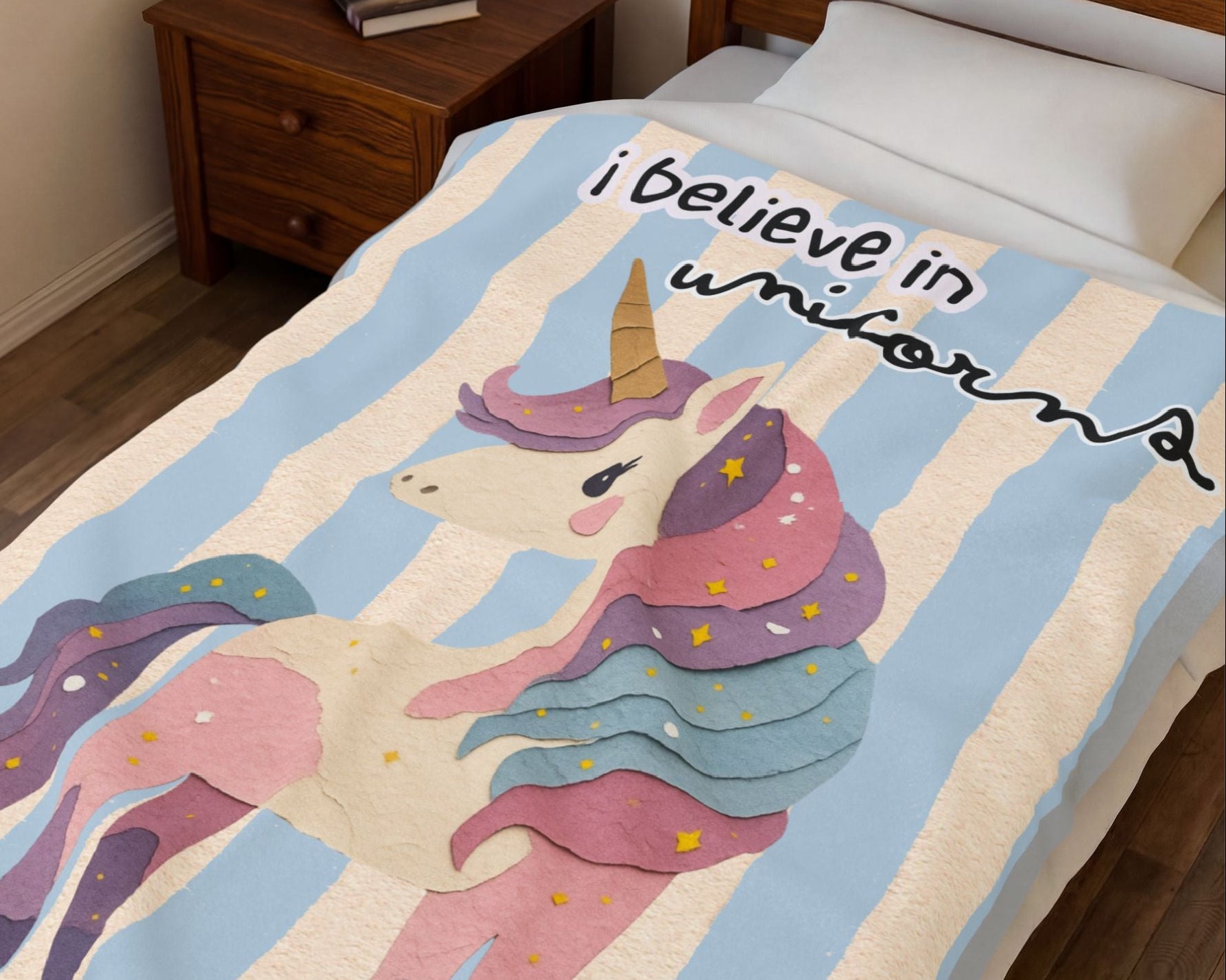 Velveteen Plush Blanket — "I Believe in Unicorns" Pastel Unicorn Throw