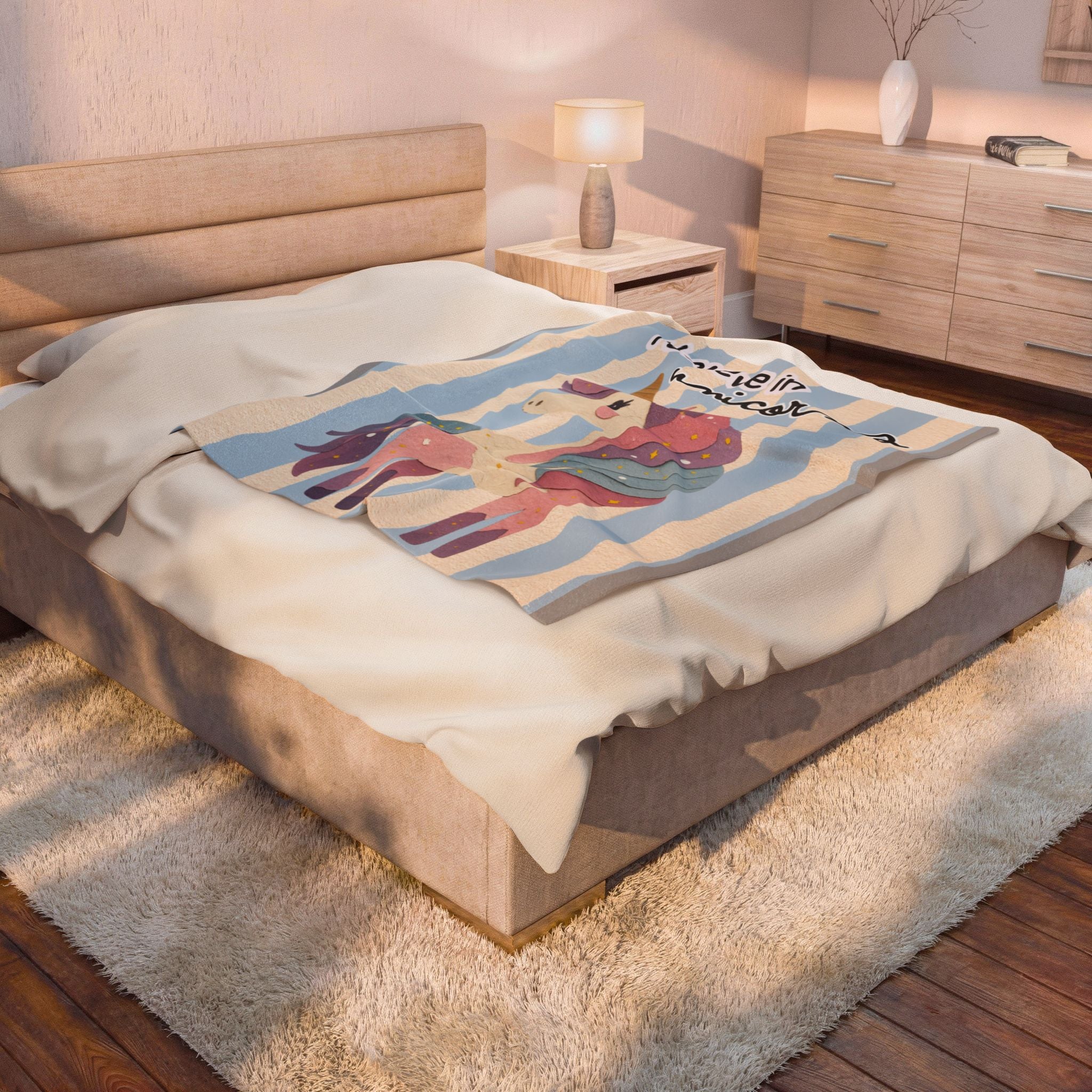 Velveteen Plush Blanket — "I Believe in Unicorns" Pastel Unicorn Throw