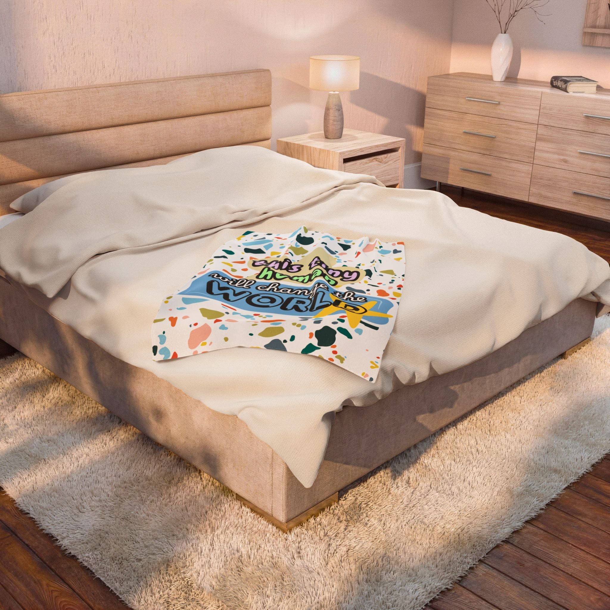 "This Tiny Human Will Change the World" Inspirational Velvet Plush Baby Blanket Nursery Decor