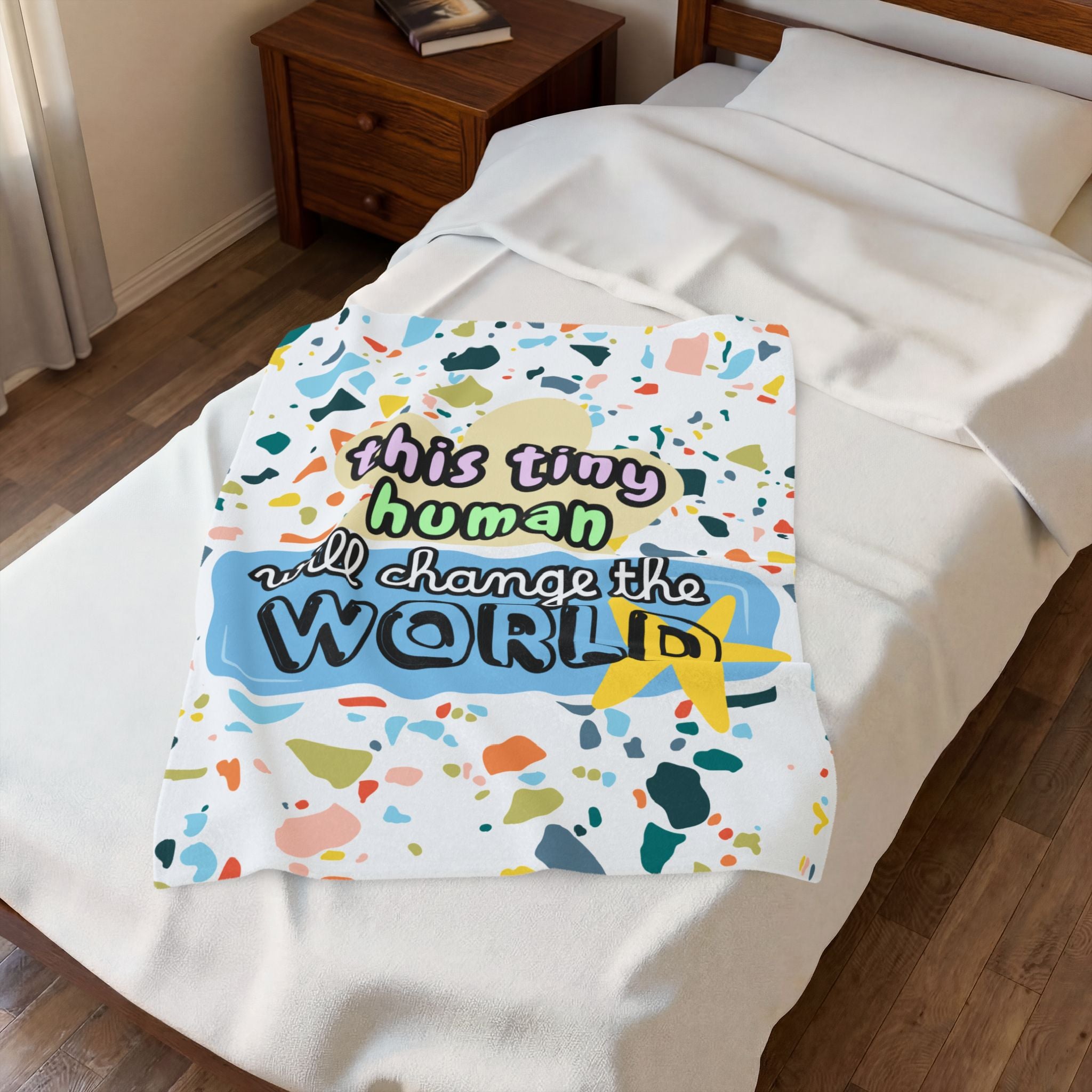 "This Tiny Human Will Change the World" Inspirational Velvet Plush Baby Blanket Nursery Decor