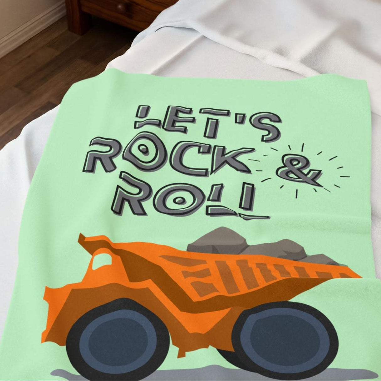 Velvet Plush Baby Blanket — "Let's Rock & Roll" Dump Truck Nursery Throw (Soft Mint)