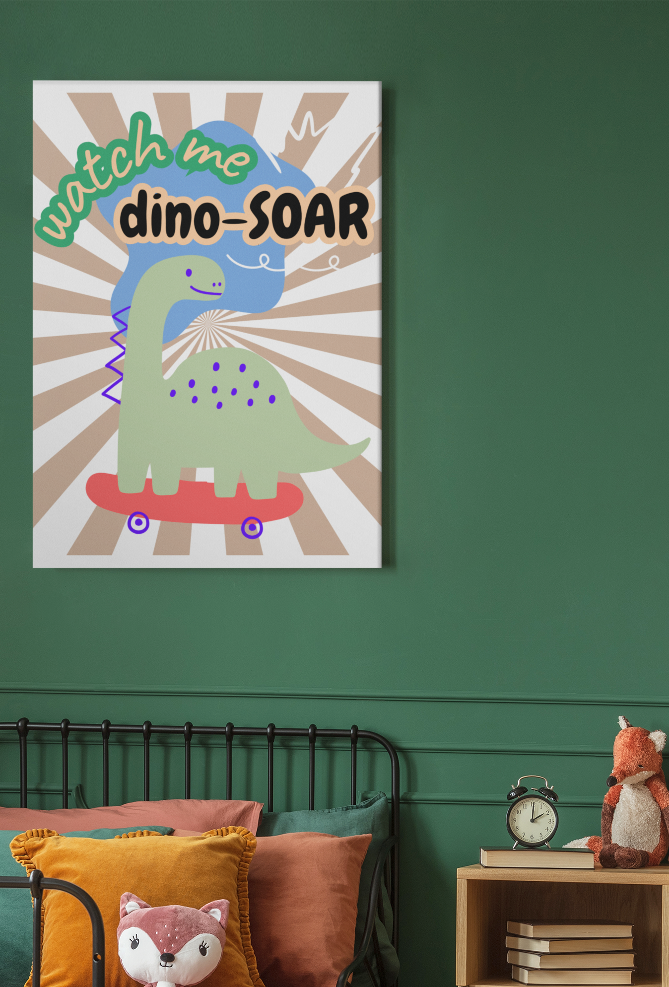 Dino-Soar Large Canvas Wall Art - Cute Skateboarding Dinosaur Décor for Kids’ Room